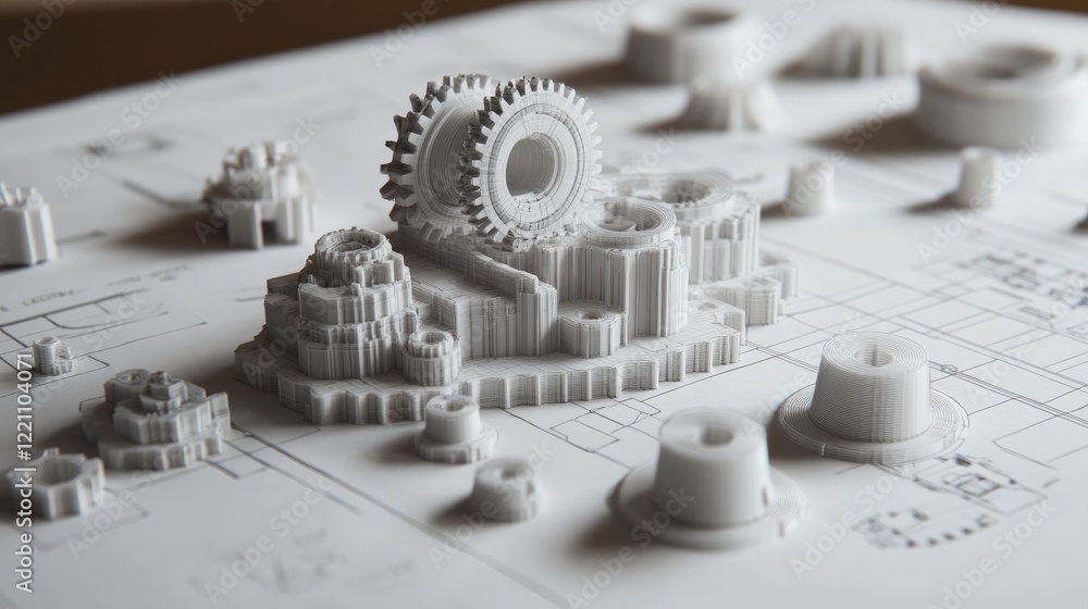 Poster Technical blueprint and 3D printed prototypes of a complex gearbox, illustrating the design process from concept to creation.
