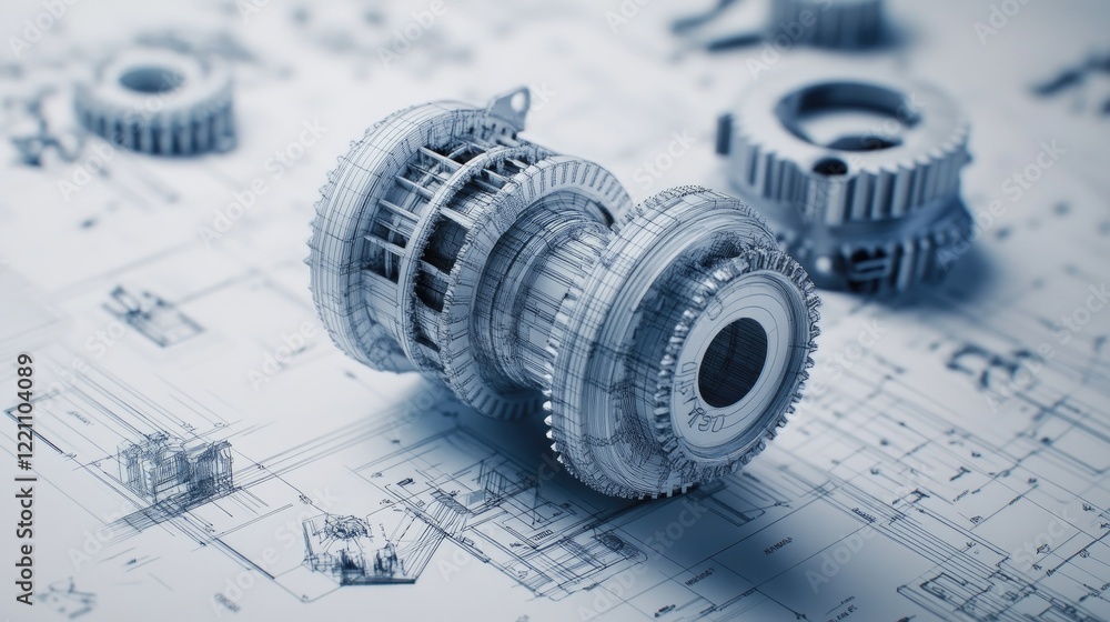 Poster Technical blueprint and 3D printed prototypes of a complex gearbox, illustrating the design process from concept to creation.