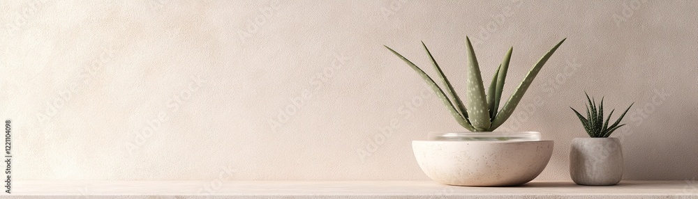 Poster aloe vera plant rests on a smooth stone beside a bowl of clear water, illuminated by soft glowing li