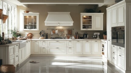 Bright spacious kitchen with classic white cabinetry and gleaming floors