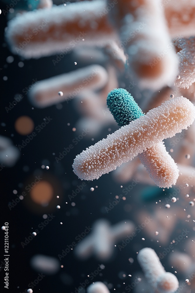 Poster floating elongated rods and circular cocci create a fascinating display against a dark gradient, hig