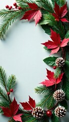 Classic red & green leaf garland with snow-dusted pine cones, card, xmas, leaves