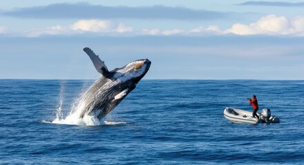 Fototapeta premium Humpback whale breaching near boat in ocean