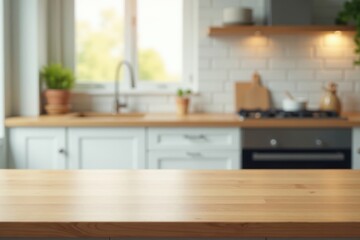 Clean empty table, blurred kitchen background, ingredient, still life, copy space