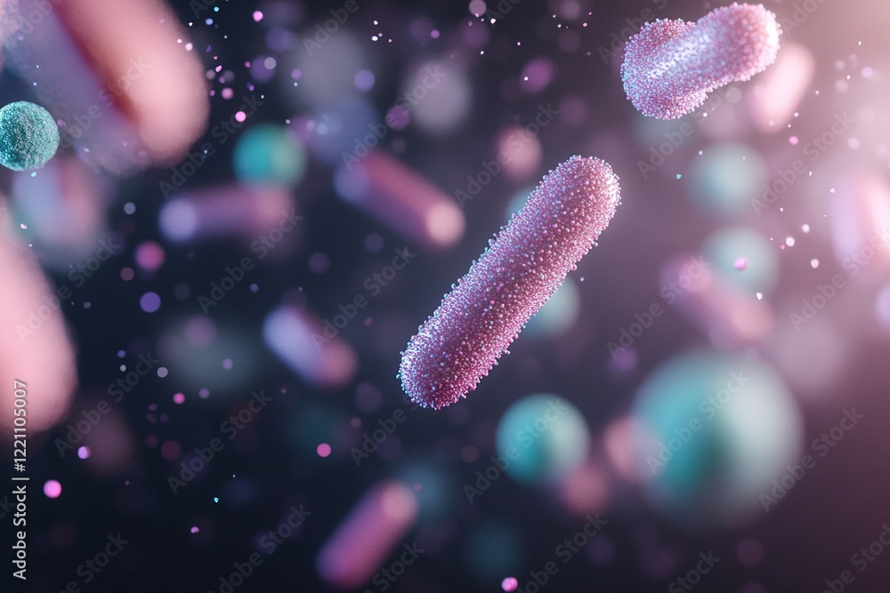 Poster floating in a dark gradient, a cluster of bacteria displays elongated rods and circular shapes with 