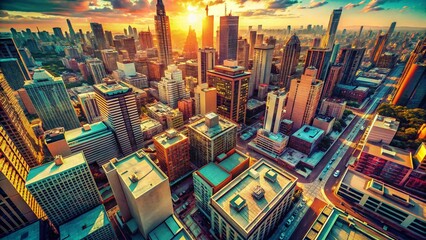 Obraz premium Vintage Drone Photography: Retro Aerial Shot of a Futuristic Cityscape, Drone 49