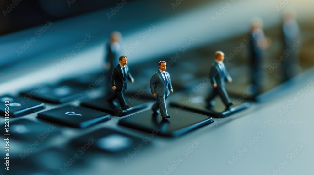 Poster tiny businessman figurines walking on a laptop keyboard, emphasizing the fusion of corporate work an