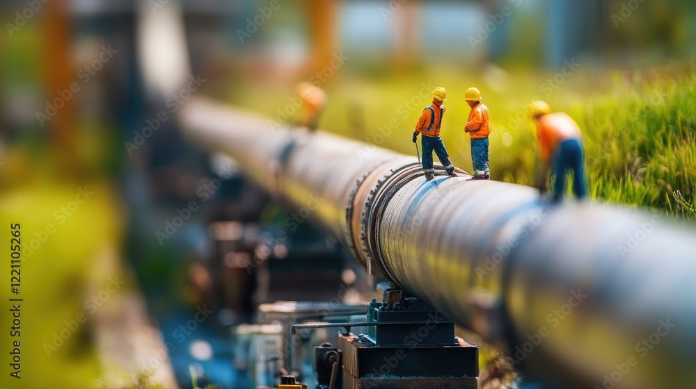Poster tiny workers working on a giant pipeline at an oil refinery, bringing attention to the meticulous ta