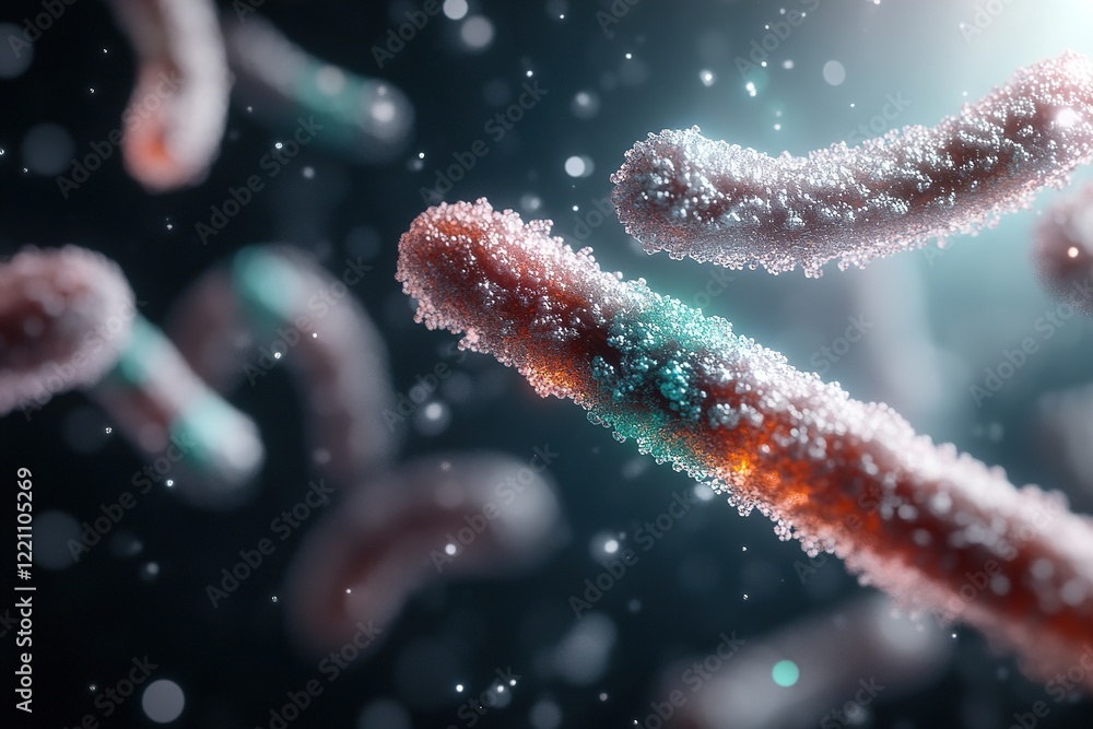 Poster elongated rods and circular cocci of bacteria float in a dark gradient background, highlighted by gl