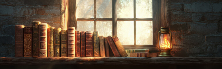 Warm sunlight illuminates a collection of antique books on a weathered wooden shelf in a cozy, inviting atmosphere