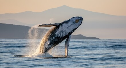 Fototapeta premium Whale breaching in ocean at sunset with mountains background