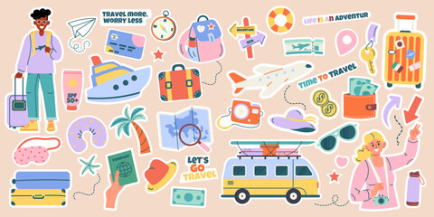 Set of stickers travel elements hand drawn with lettering