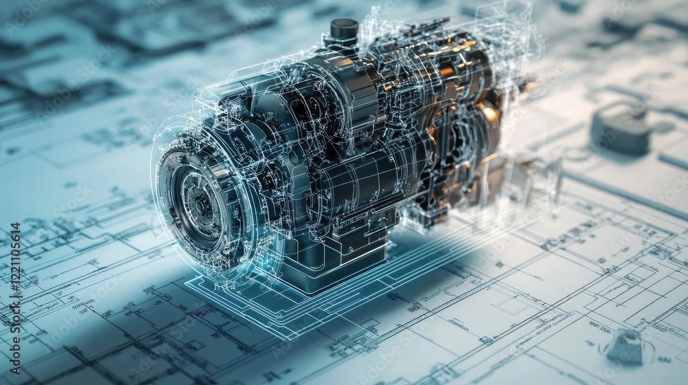 Poster Transparent engine schematic layered over engineering blueprints, representing the design process behind complex machinery and innovation.