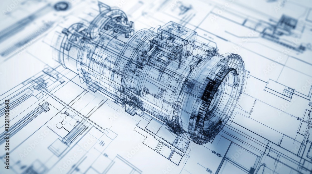 Poster Transparent engine schematic layered over engineering blueprints, representing the design process behind complex machinery and innovation.