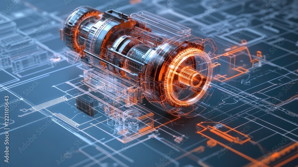 Poster Transparent engine schematic layered over engineering blueprints, representing the design process behind complex machinery and innovation.