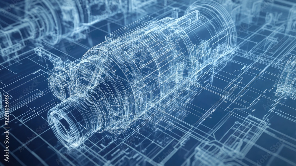 Poster Transparent engine schematic layered over engineering blueprints, representing the design process behind complex machinery and innovation.