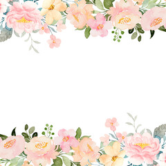 Watercolor flowers background for design. Floral border frame card template.
