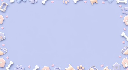 Cute pet-themed frame with paws, bones, and houses on pastel background