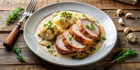 A plate of sliced roasted meat served with creamy mashed potatoes and a flavorful gravy, garnished with fresh herbs on a rustic wooden background.