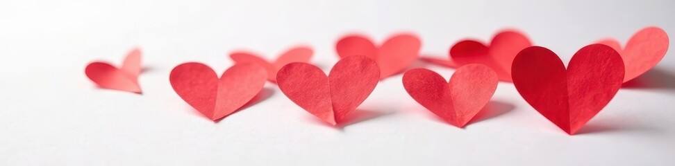Obraz premium Close-up of several red paper hearts neatly arranged on a plain white surface , minimal, symbol, texture