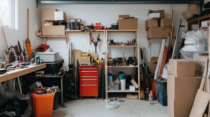 Cluttered Garage Space with Tools, Equipment, and Storage Items in Disarray