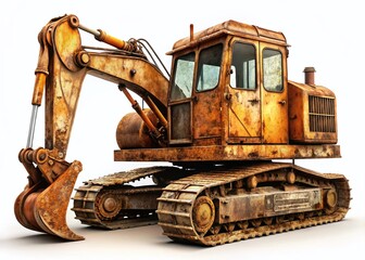 Vintage Excavator on White Background - Retro Construction Machinery Stock Photo