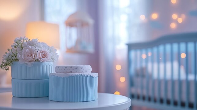 A close-up of a minimalist nursery in soft purple and blue tones. A background of a blurred crib in a softly lit nursery.