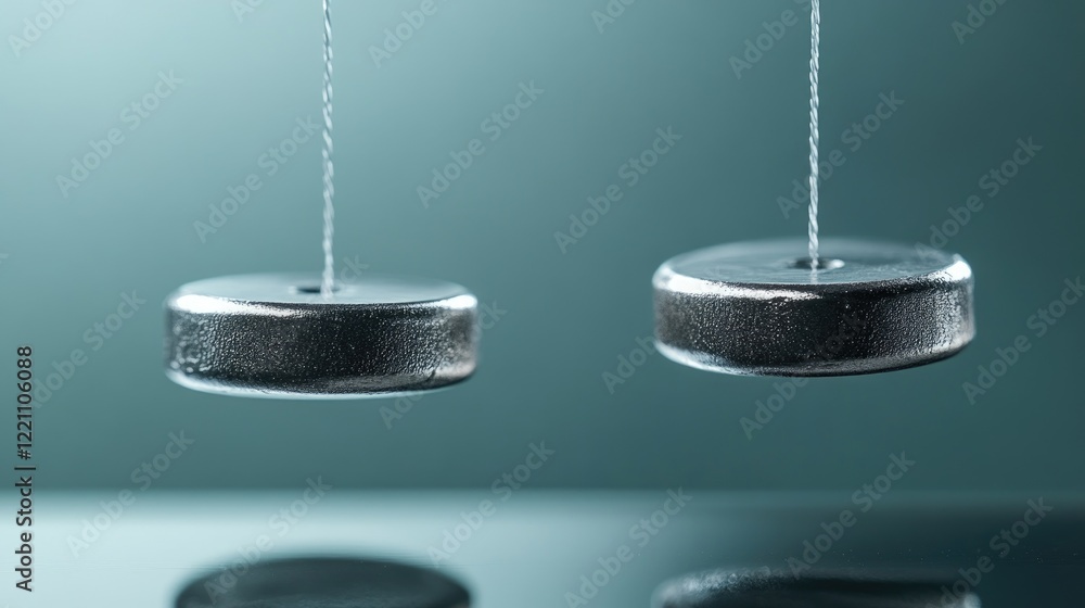 Poster two magnets floating in mid-air, held by a transparent string, with a subtle sense of tension, illus