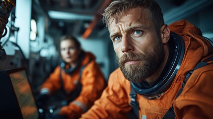 An intense portrayal of an astronaut in an advanced suit, bracing against the challenges of deep space while engaged in vital operations aboard a high-tech spaceship.