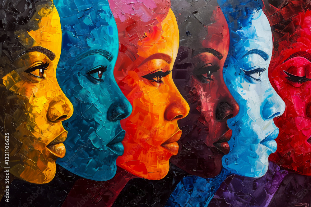 Poster five colorful profiles face left, painted in vibrant hues on textured canvas. concept of diversity a