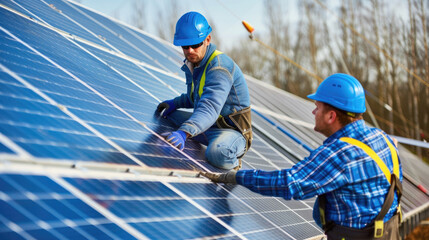 Engineers Installing Solar Panels on Rooftop for Sustainable Energy Solutions in a Modern Eco-Friendly Environment