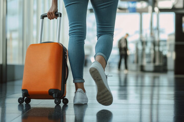 Fototapeta premium women is carrying luggage in hall before trip