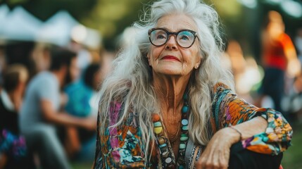 Stylish elderly woman in bohemian attire and sunglasses at an summer music festival