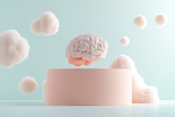 A glowing brain floats against a soft pastel gradient background featuring blue, lavender, and mint green. Subtle light particles surround it, creating an uplifting and modern atmosphere