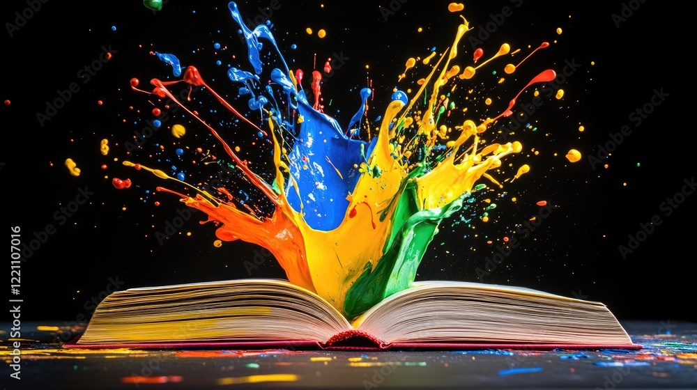 Poster Vibrant paint splashes exploding from an open book, illustrating the dynamic energy of ideas and creativity springing to life.