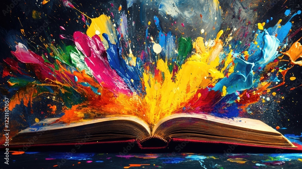 Poster Vibrant paint splashes exploding from an open book, illustrating the dynamic energy of ideas and creativity springing to life.