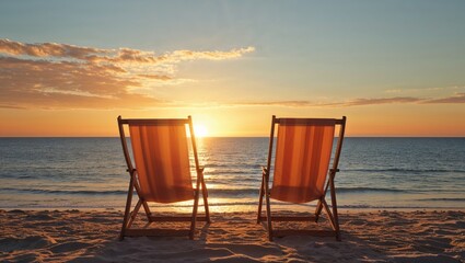 Two Empty Beach Chairs on Warm Sandy Shoreline Waiting