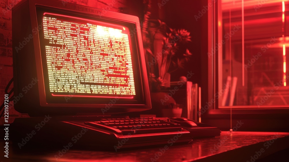 Poster Vintage computer screen displaying code, illuminated by red light, evoking a nostalgic tech ambiance from the early days of computing.