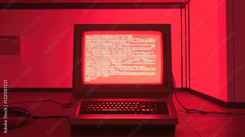 Aufkleber Vintage computer screen displaying code, illuminated by red light, evoking a nostalgic tech ambiance from the early days of computing.