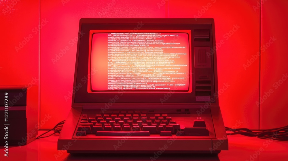 Aufkleber Vintage computer screen displaying code, illuminated by red light, evoking a nostalgic tech ambiance from the early days of computing.
