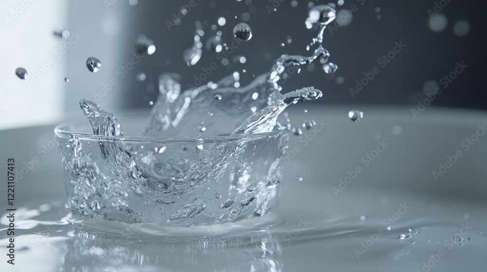 Poster water cascading into a glass, droplets splashing around, on a clean white table surface, evoking a f