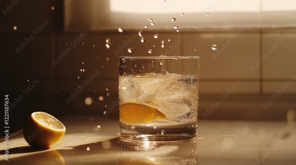 Poster water pouring into a glass, with droplets flying through the air, creating a refreshing and lively s