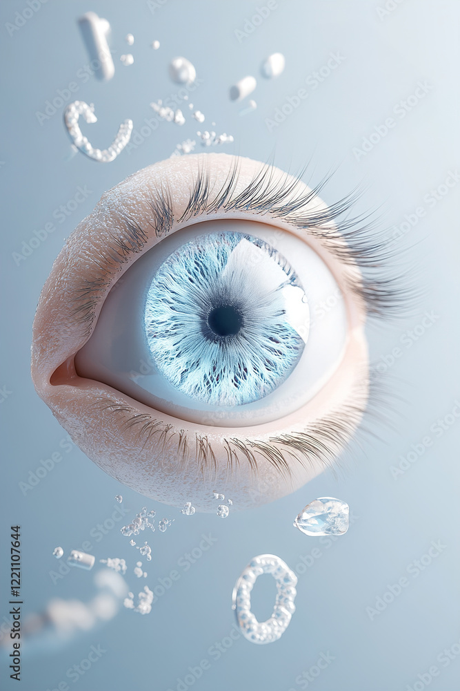 Poster a stunning glowing eye features a soft blue iris, surrounded by floating icons of eyeglasses and eye