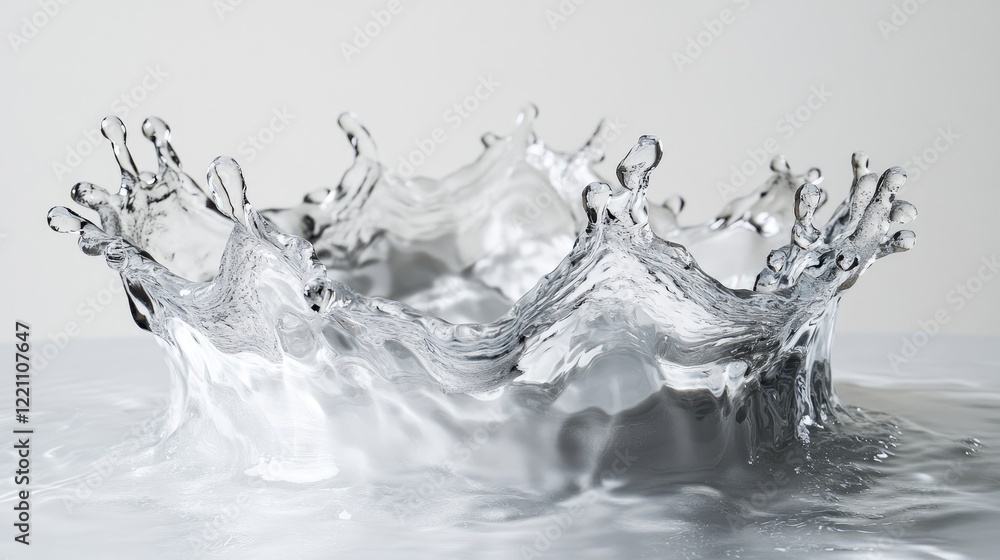 Poster water splashes in a crown shape, forming a perfect sphere on a pristine white surface, capturing flu
