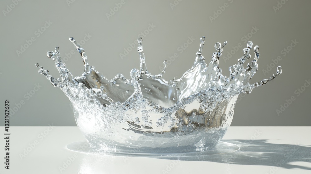 Poster water splashes in a crown shape, forming a perfect sphere on a pristine white surface, capturing flu