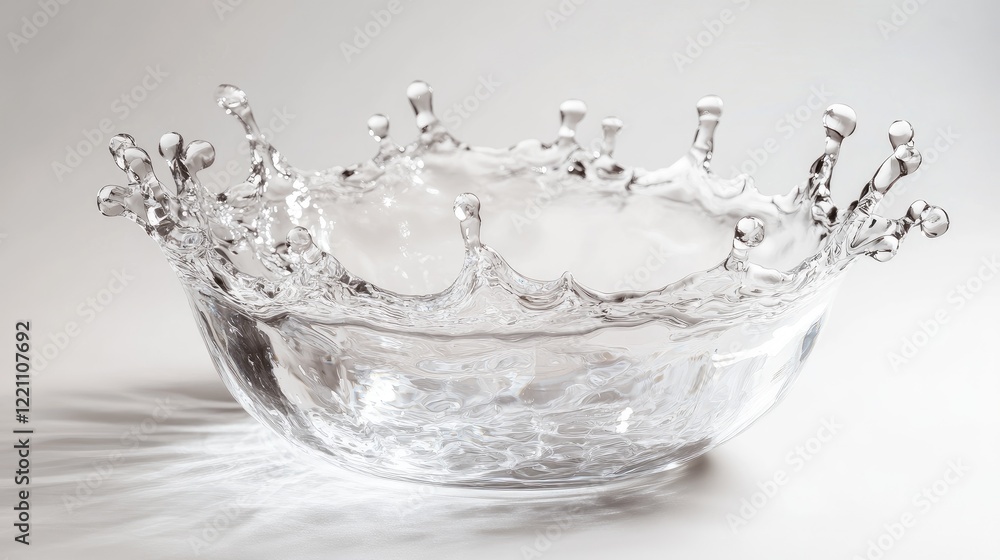 Poster water splashes in a crown shape, forming a perfect sphere on a pristine white surface, capturing flu