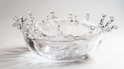 Water splashes in a crown shape, forming a perfect sphere on a pristine white surface, capturing fluid motion and beauty.