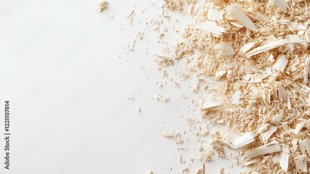 Poster wood sawdust and curls scattered across a white surface, offering a simple, clean composition for a 