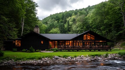Mountain lodge riverfront evening; tranquil scene, vacation rental