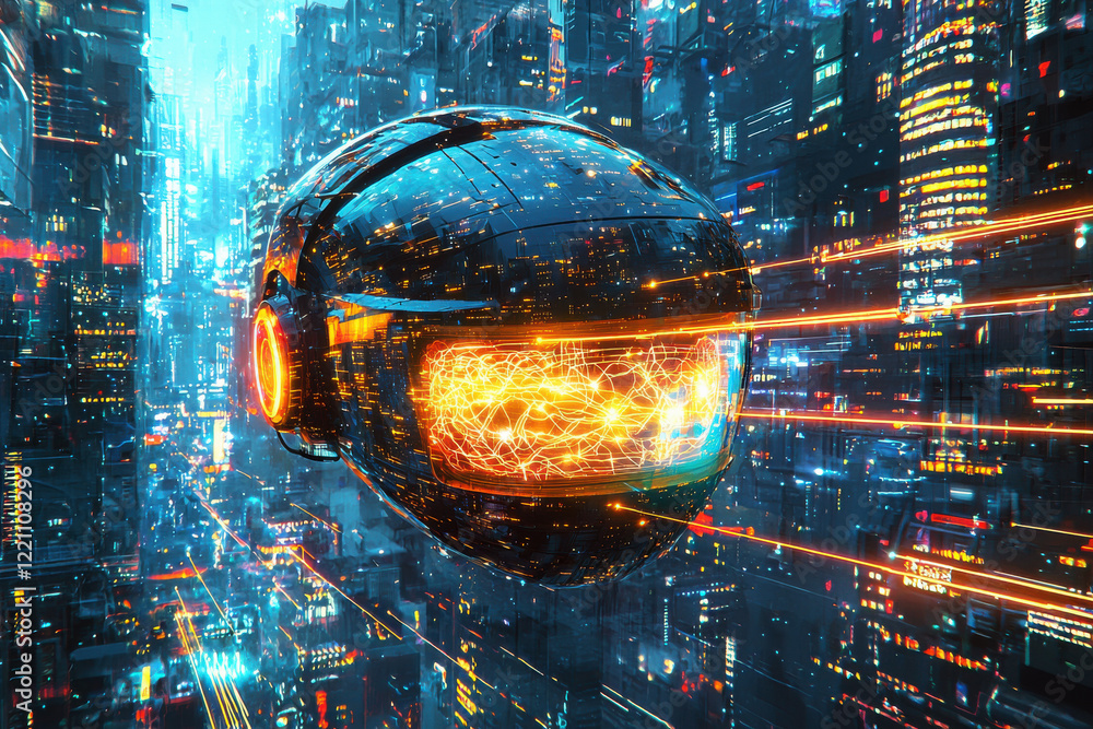 Poster glowing neural link headset illuminating a cyberpunk city with holographic data streams